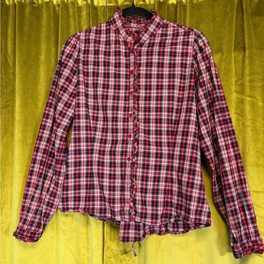 Vintage Y2K Pepe Jeans London Red Plaid Ruffle Collar Corset Back Blouse. Size M